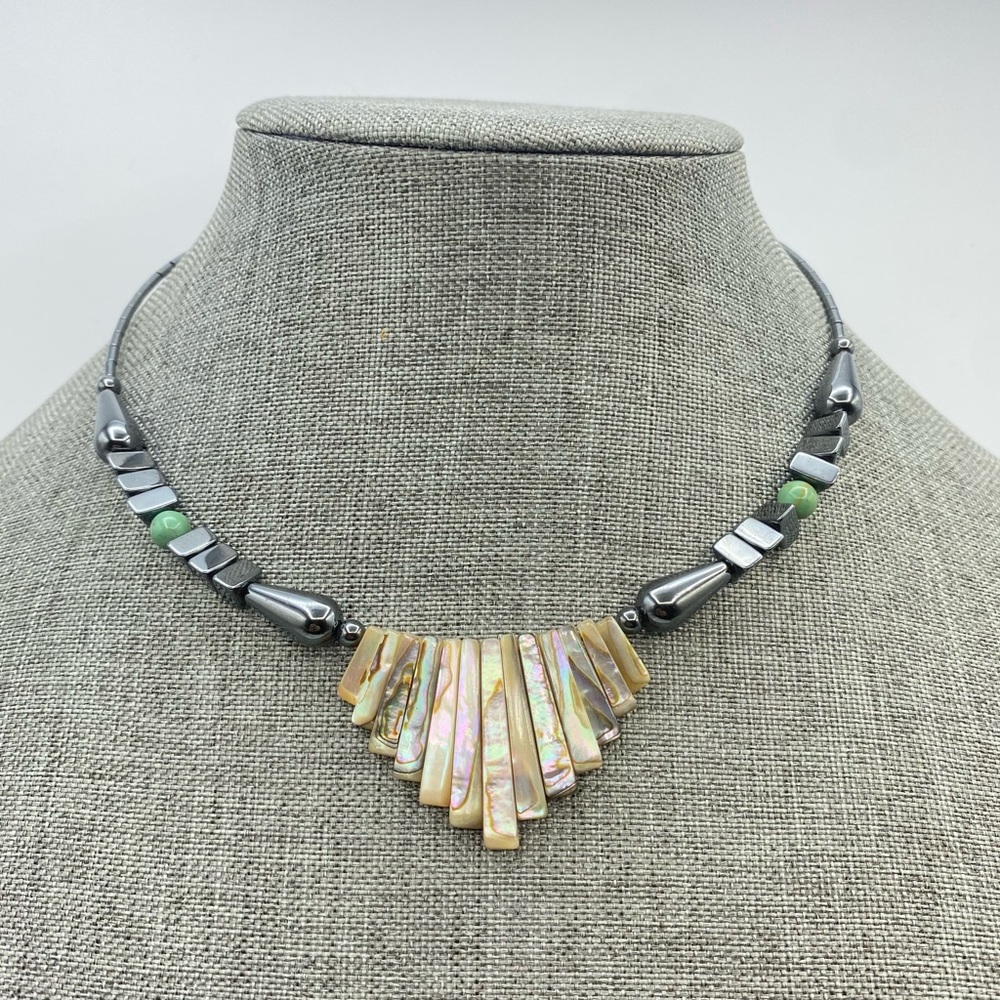 Hematite Abalone Shell Memory Wire Choker Necklac… - image 1